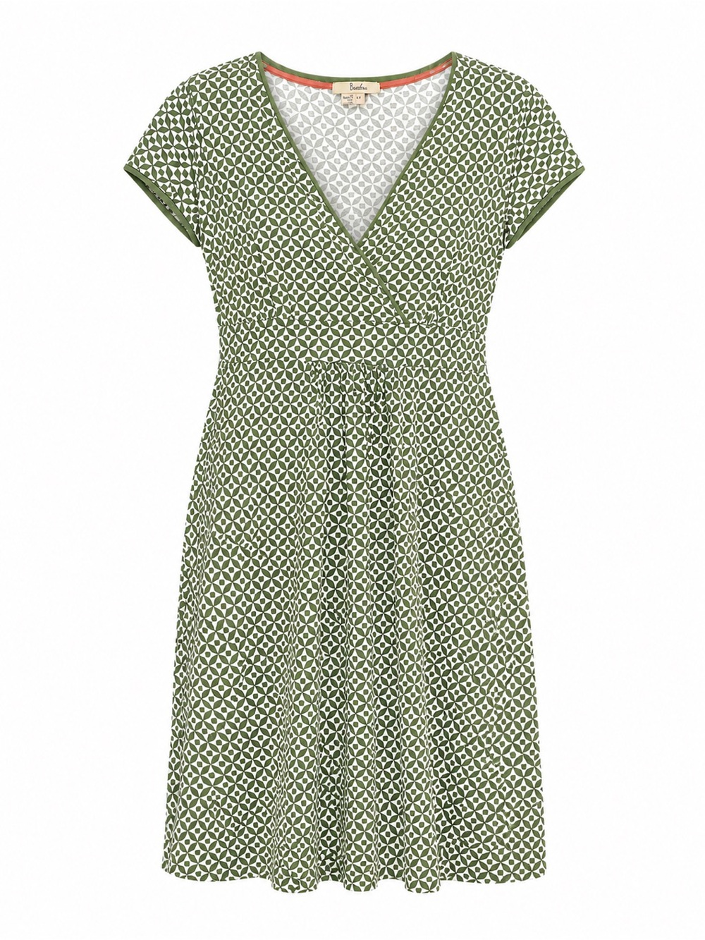 Boden Green Geometric Print Faux Wrap Dress Stretch Cotton Midi Dress Size 14